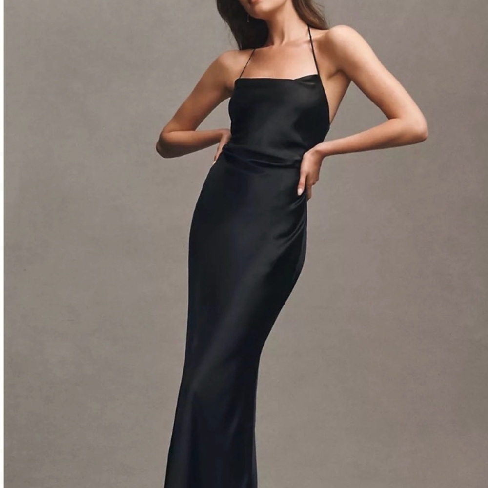 Anthropology Saylor Cowl-Neck Satin Black Halter Slip Dress by BHLDN